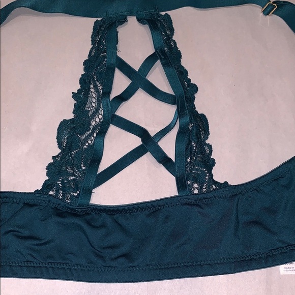 Cacique Boost Plunge Dark Teal Blue Lace Bra RacerBack Underwire Strappy 38DDD - Picture 8 of 11